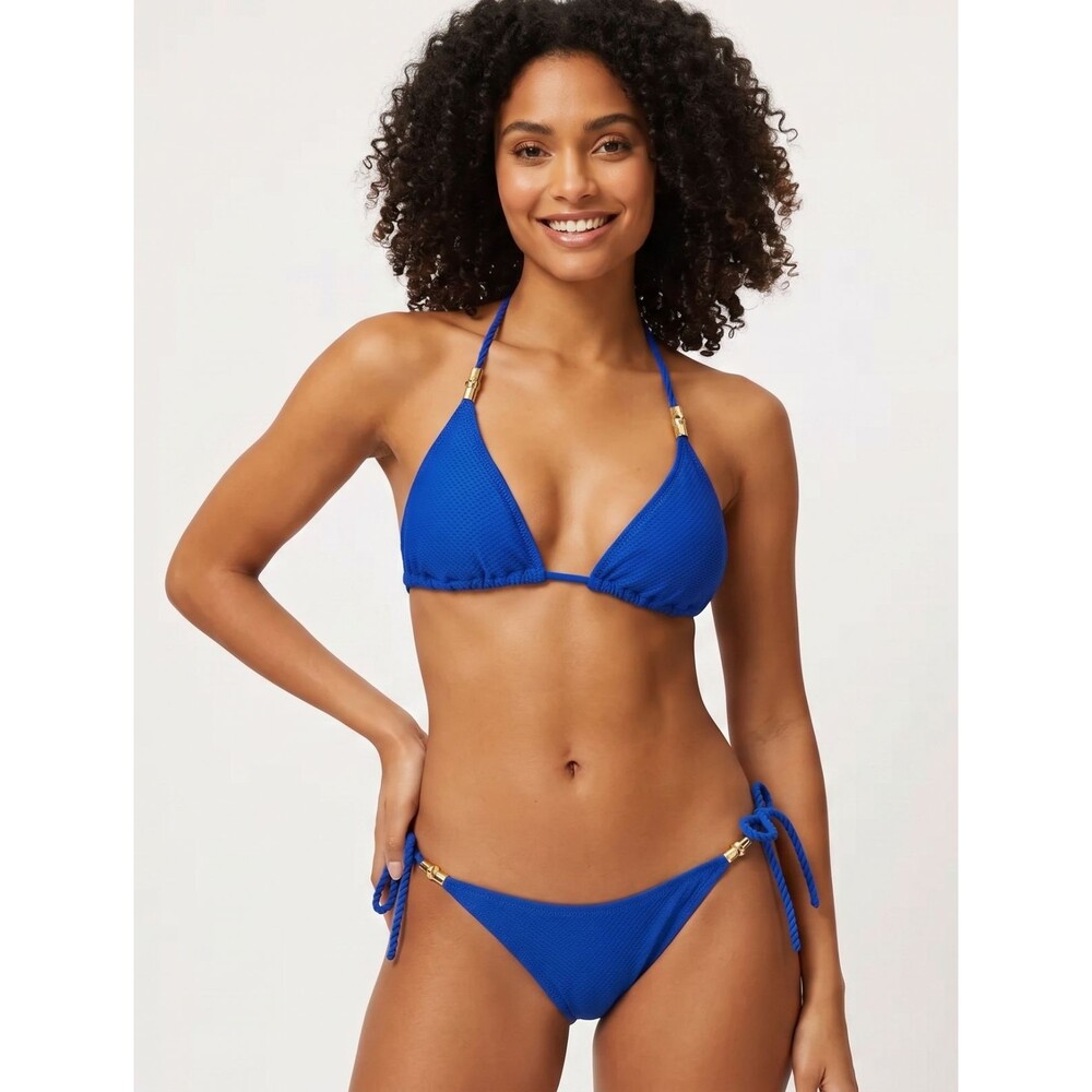Heidi Klein Core Tri Bikini Set Electric Blue W/Gold Hardware Top M Bottom S